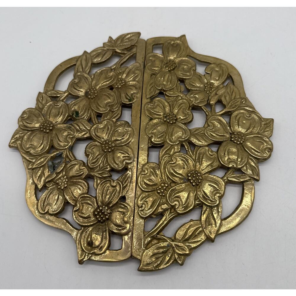 Vtg Lillian Vernon solid brass hot plate dogwood floral trivet Has Patina Set 2